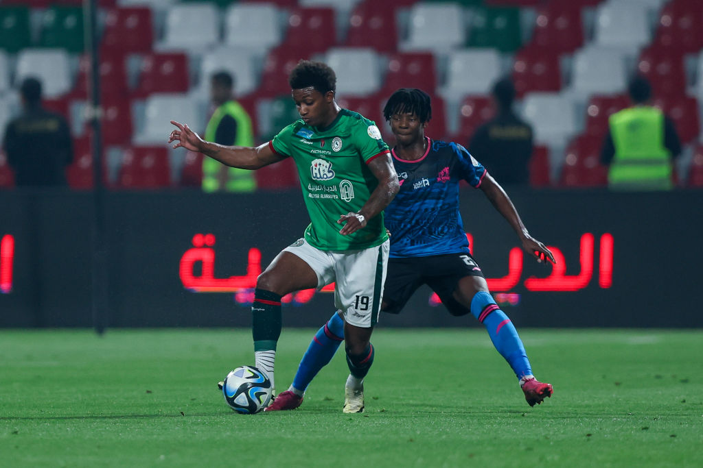 Demarai Gray of Al Ettifaq battling for the ball during the Saudi Pro League match between Al-Ettifaq and Al Wehda at Al Ettifaq Club Stadium on April 20, 2024 in Al Dammam, Saudi Arabia.(Photo by Yasser Bakhsh/Getty Images)