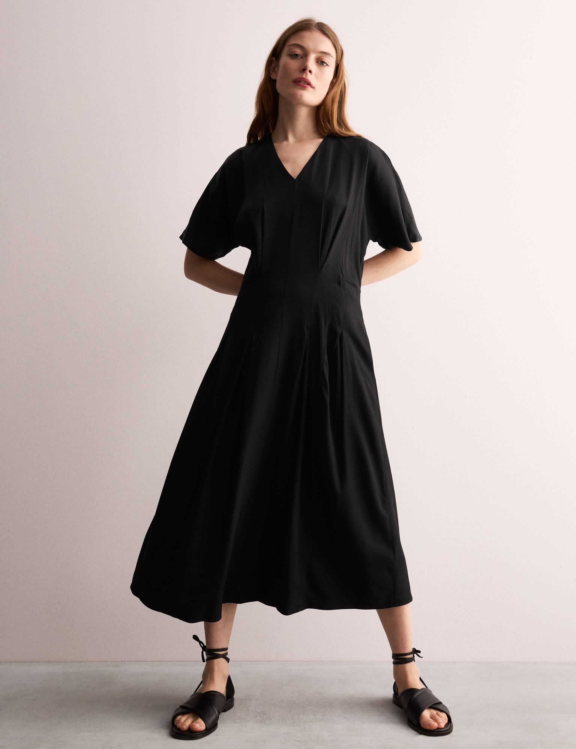 V-Neck Pintuck Midi Waisted Dress