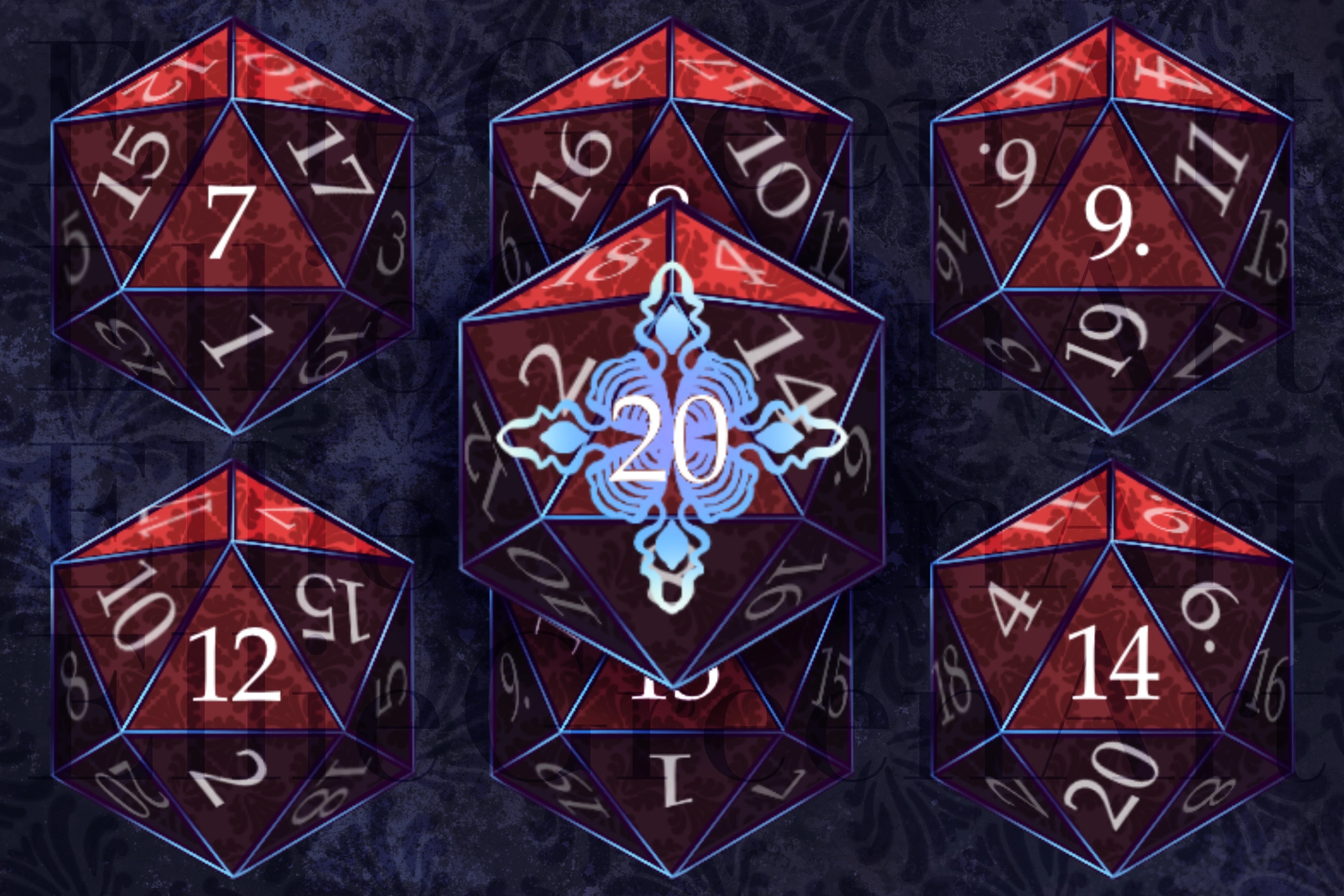 closeup of modded BG3 dice that are red and light blue