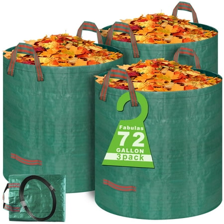 Fabulas Yard Waste Bags, 3 Packs 72 Gallons Reusable Lawn and Leaf Garden Bags With Reinforced Carry Handles, Heavy Duty Garden Waste Bags Camping Yard Recycling Trash Bags for Debris Leaves Grass