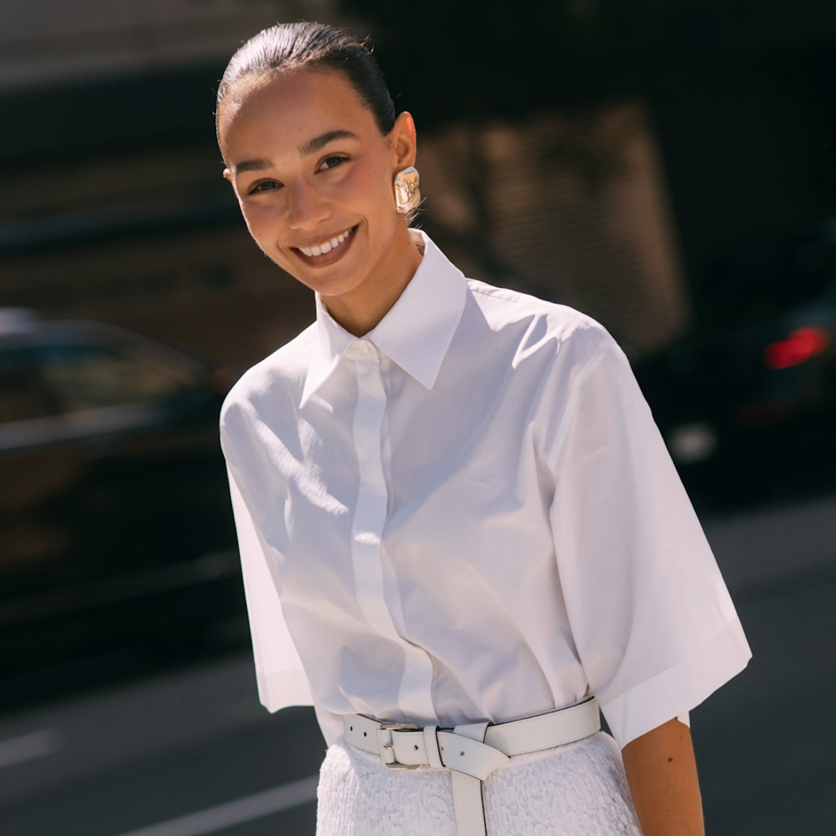 woman wearing all-white in New York City. 