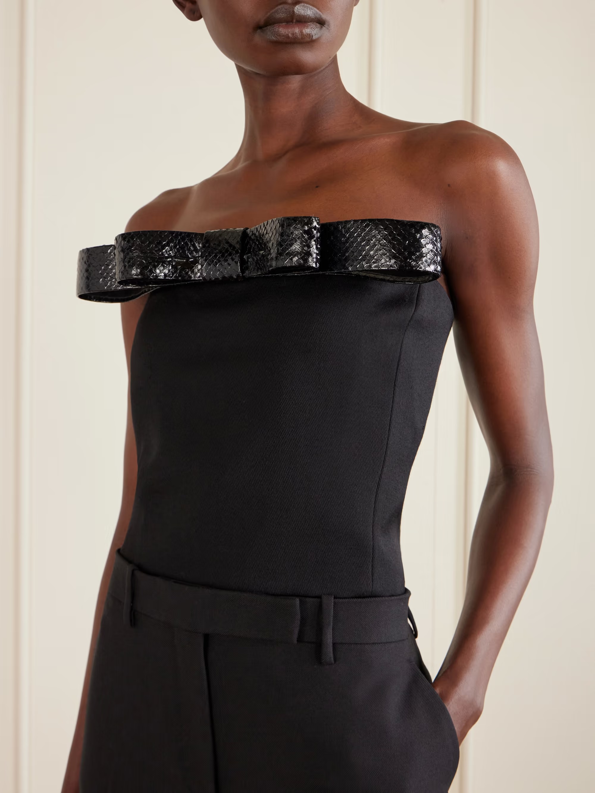 Tom Ford, Off-the-shoulder snake-effect leather-trimmed wool-twill top