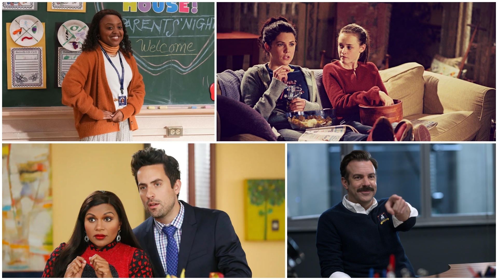 a collage of the best comfort tv shows including abbott elementary the mindy project gilmore girls and ted lasso
