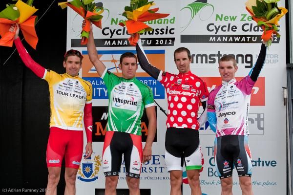 The stage 2 podium, Lapthorne (Drapac) in the yellow jersey.