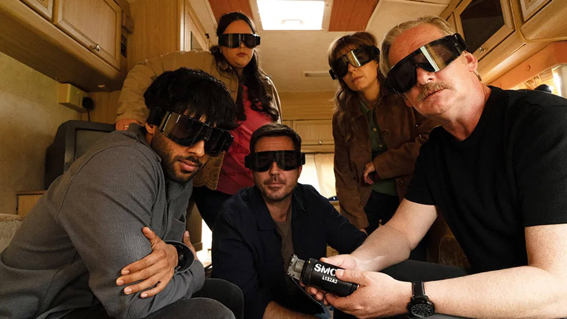 Tej (Chaneil Kular), Rachel (Sharon Rooney), Calum (Martin Compston), Emily (Aimee-Ffion Edwards), and Steve (Douglas Henshall) in The Revenge Club.