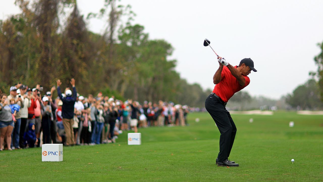 Tiger Woods tees off at the 2023 PNC Championship, held at Ritz-Carlton Golf Club