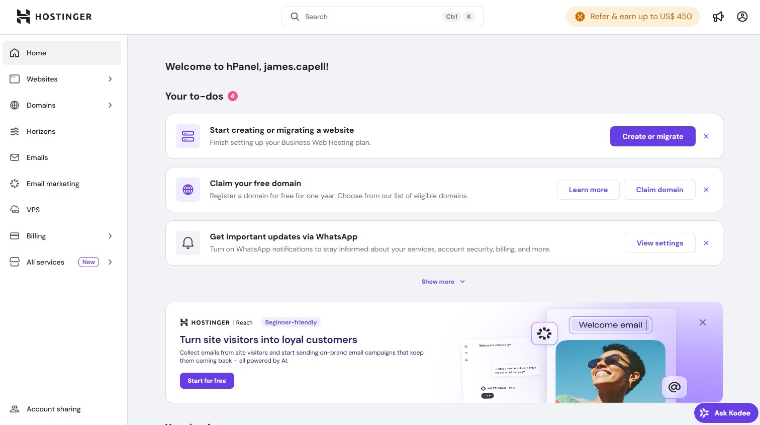An image of Hostinger's control panel