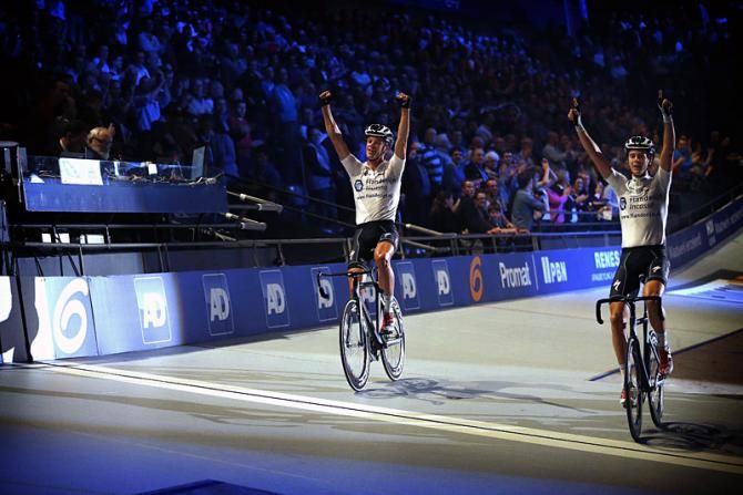 2013 Six-Days of Rotterdam winners Iljo Keisse and Niki Terpstra take a victory lap