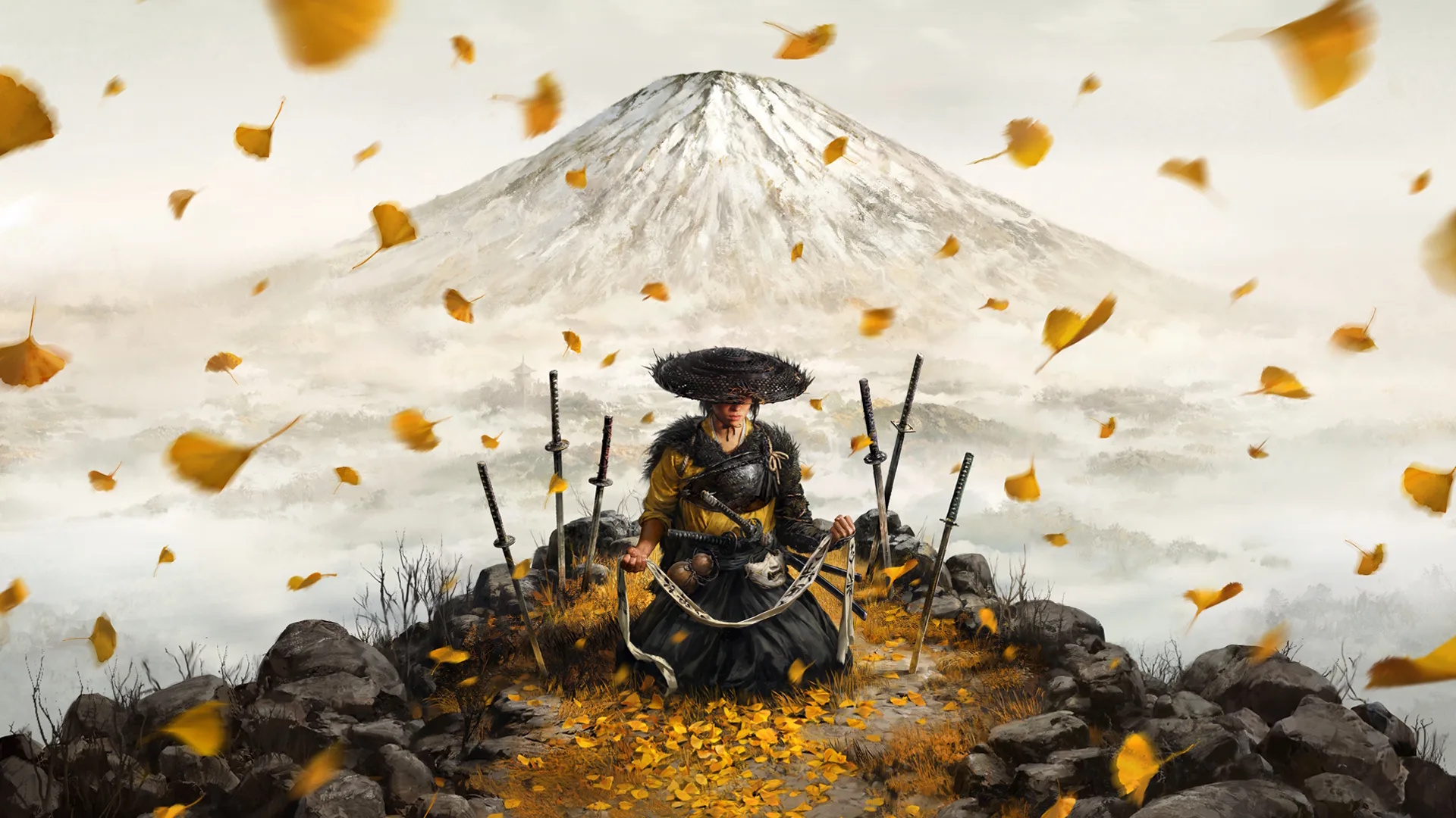 Ghost of Yotei art with protagonist sitting surrounded by swords