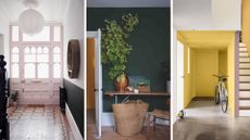 three images showing different paint color ideas for hallways with pink and black, green and yellow