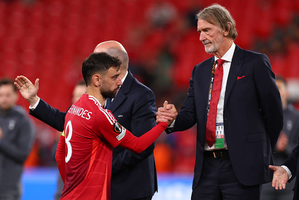 Manchester United Co-Chairman Sir Jim Ratcliffe reacts to Bruno Fernandes of Manchester United at the end of the UEFA Europa League Final 2025 between Tottenham Hotspur and Manchester United at Estadio de San Mames on May 21, 2025 in Bilbao, Spain.