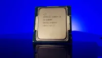 Intel Core i5 11600K processor shot on a blue background from the front