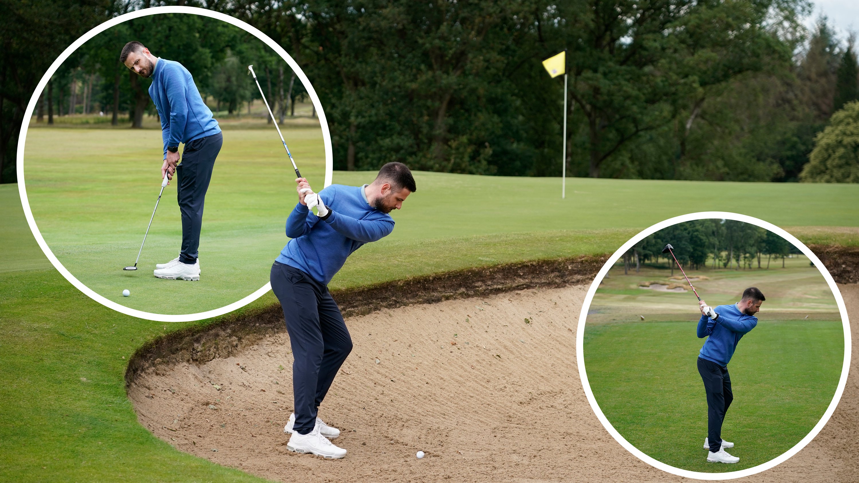high-handicap golfer Baz Plummer hitting a bunker shot at Sand Moor Golf Club, with inset images of Baz Plummer hitting a putt and a tee shot