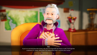 A cutscene screenshot from Park Beyond shows investor Phil contemplating shop impossifications.