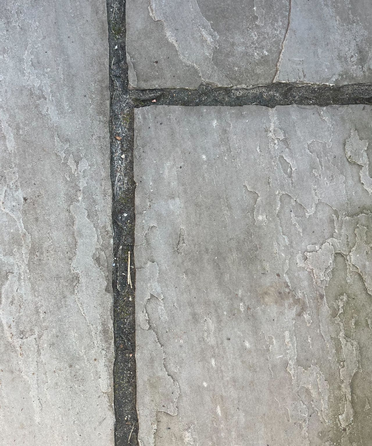 A gray tiled patio, close up of the gaps between tiles.