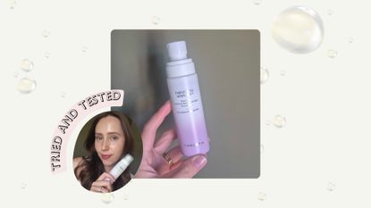 In the middle, is a close-up of Digital Beauty Writer, Naomi Jamieson's hand seen holding the Haruharu Wonder Black Rice serum mist, alongside a smaller picture of Naomi having applied the mist over her makeup/ in a cream template with serum droplets and text that reads "tried and tested"