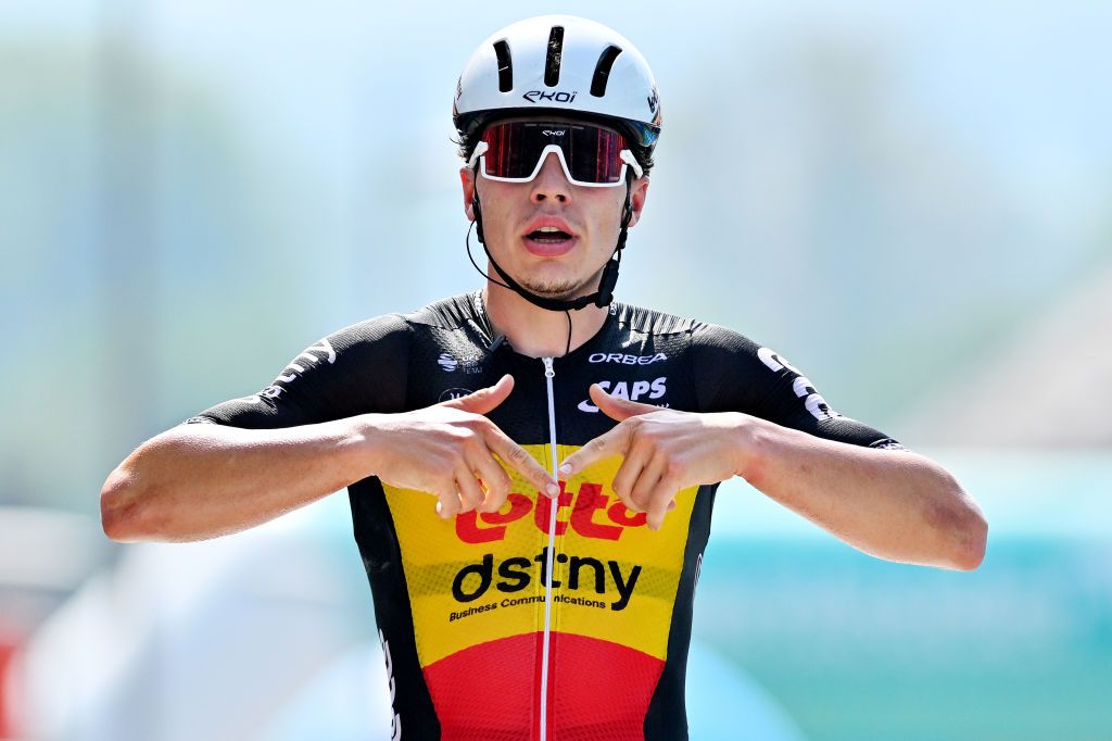 GERAARDSBERGEN BELGIUM SEPTEMBER 01 Arnaud De Lie of Belgium and Team Lotto Dstny celebrates at finish line as stage winner during the 20th Renewi Tour 2024 Stage 5 a 2027km stage from Menen to Geraardsbergen UCIWT on September 01 2024 in Geraardsbergen Belgium Photo by Luc ClaessenGetty Images