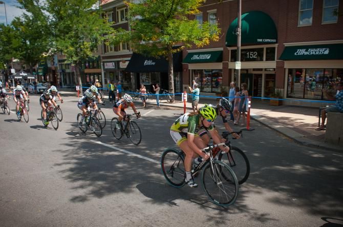 Racers as they make their way towards the second corner through Olde Town Fort Collins.