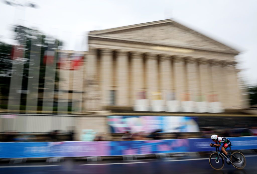 PARIS FRANCE JULY 27 Yulduz Hashimi of Team Afghanistan competes near to the Assemblee Nationale during the Womens Individual Time Trial on day one of the Olympic Games Paris 2024 at Pont Alexandre III on July 27 2024 in Paris France Photo by Jared C TiltonGetty Images