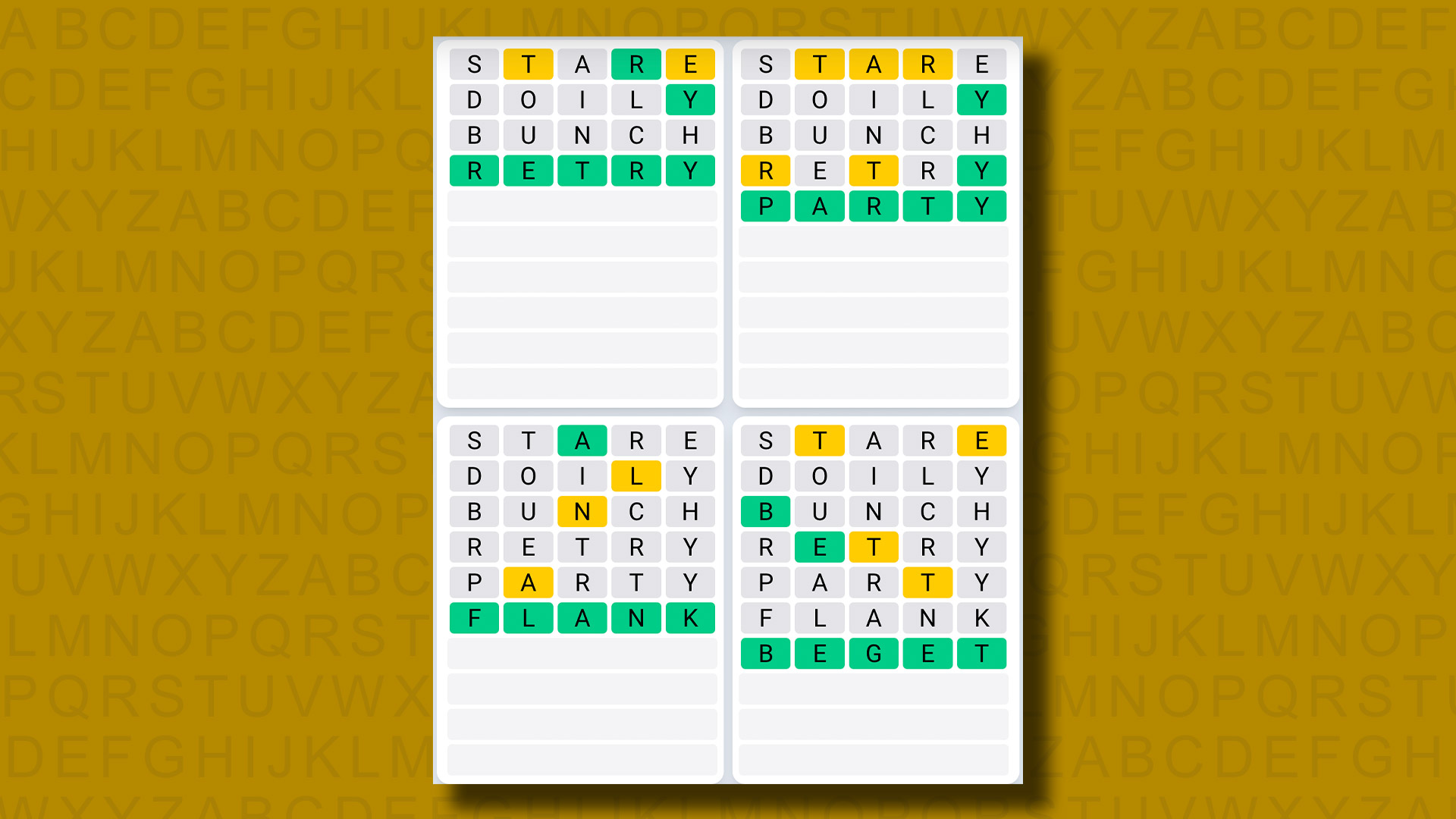 Quordle Daily Sequence answers for game 1012 on a yellow background