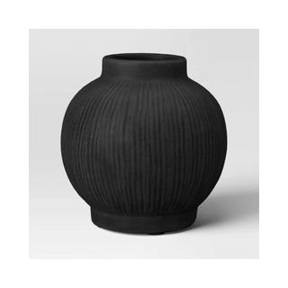 Black rounded ribbed ceramic vase