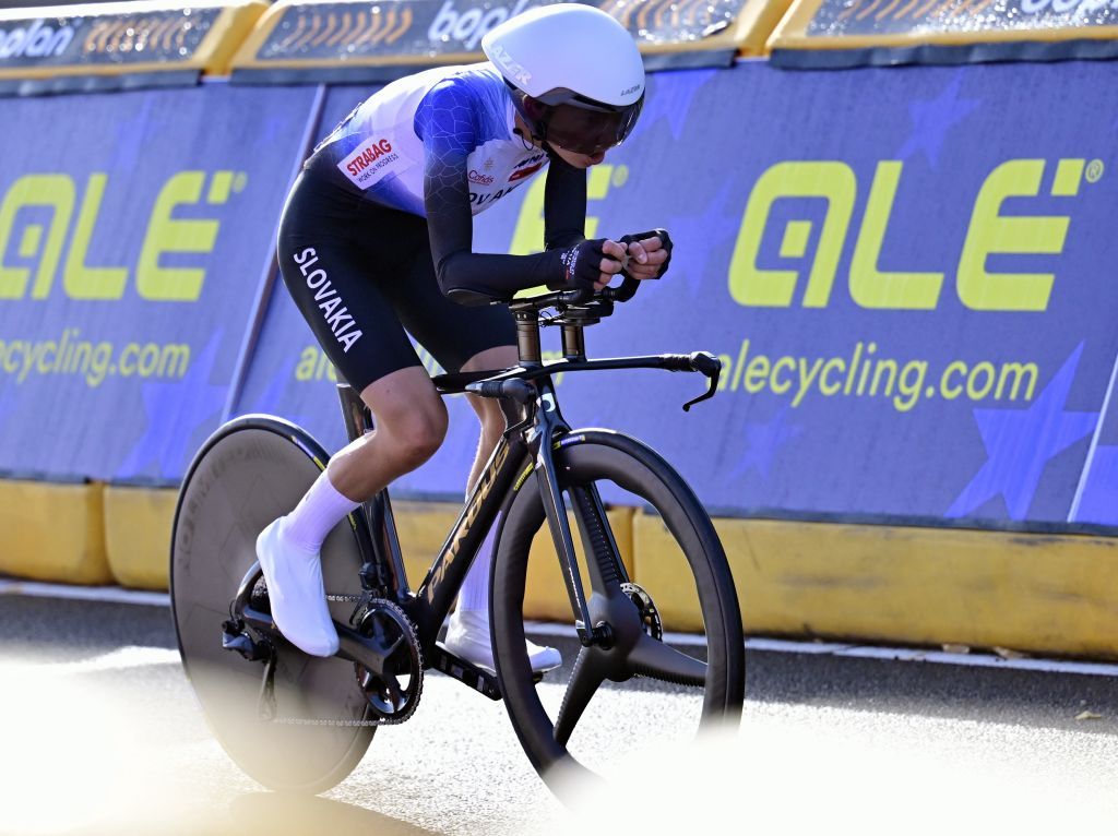 Slovakian Viktoria Chladonova pictured in action during the time trial junior women at the European Championship 2024, in Hasselt, Wednesday 11 September 2024. The UEC Road European Championships 2024 will take place from 11 to 15 september in Limburg, Belgium. BELGA PHOTO DIRK WAEM (Photo by DIRK WAEM / BELGA MAG / Belga via AFP)