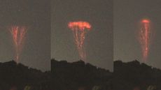 Three images of red lightning bolts sprouting upward like trees out of a dark storm cloud