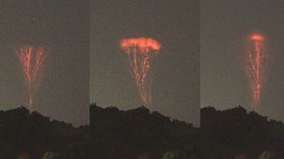 Three images of red lightning bolts sprouting upward like trees out of a dark storm cloud