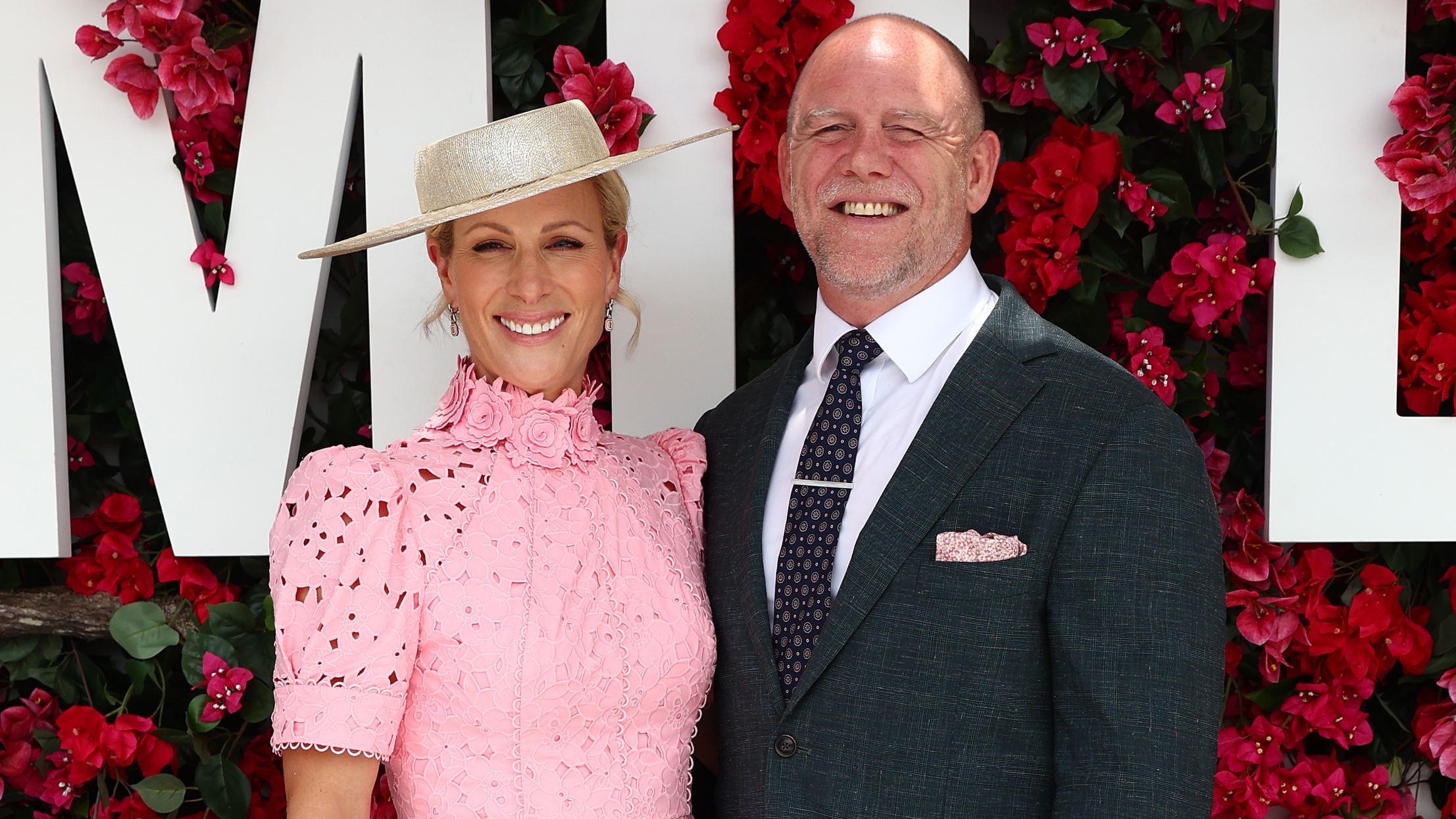 Magic Millions ambassador Zara Tindall and Mike Tindal smile for photos during the Magic Millions Raceday at Gold Coast Turf Club at on January 17, 2026