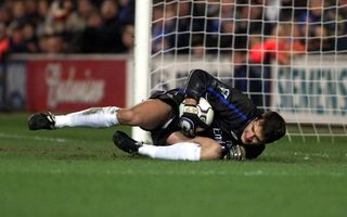 Carlo Cudicini saves a penalty for Chelsea against Liverpool in 2001.