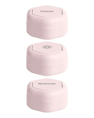 Cadence Travel Containers - Skincare Set - Magnetic Travel Capsules - for Facial Cleanser, Moisturizer, Sunscreen - 3 Small Capsules (0.56oz) With Cleanser, Moisturizer 
Sun-Icon Labels - Petal