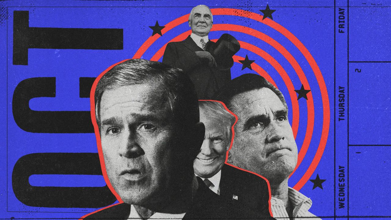 Illustration of George W. Bush, Donald Trump, Mitt Romney and Warren Harding