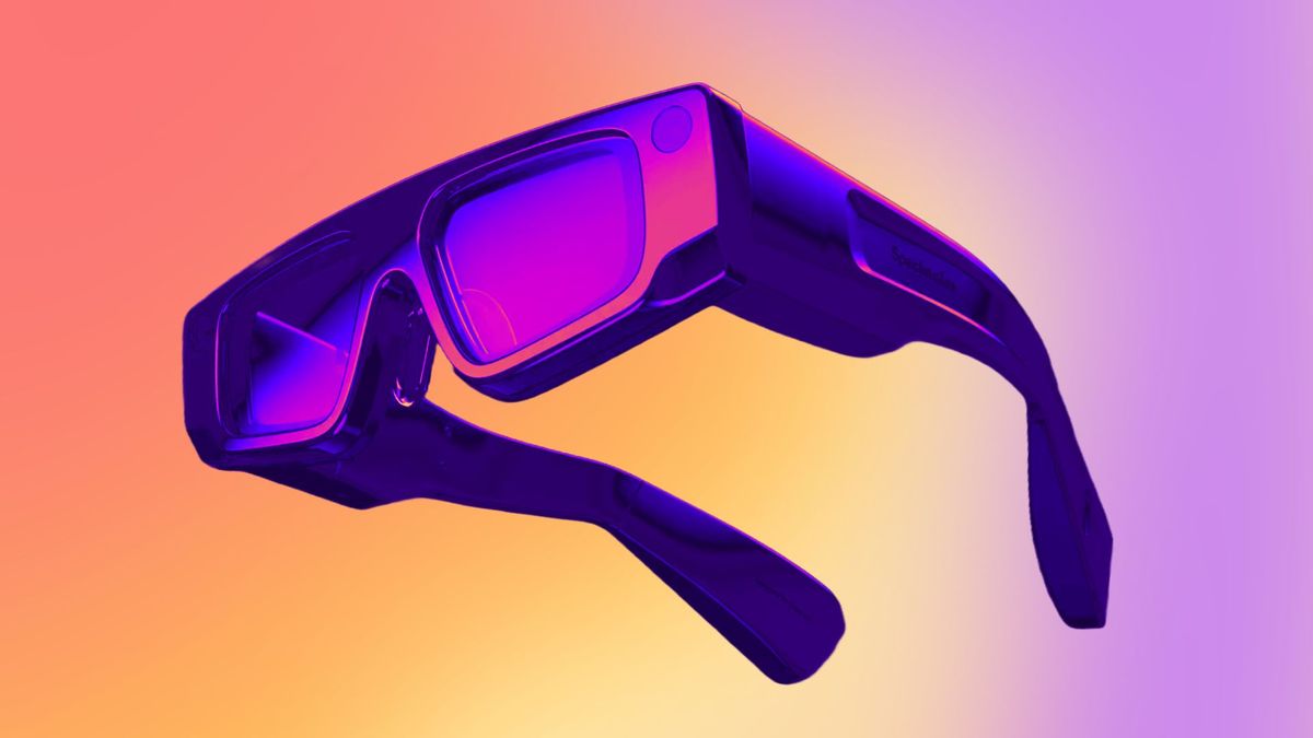 A pair of colorized black Snap Spectacles in front of an abstract orange and purple background