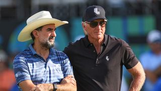 Yasir Al-Rumayyan and Greg Norman talking at the LIV Golf Team Championship