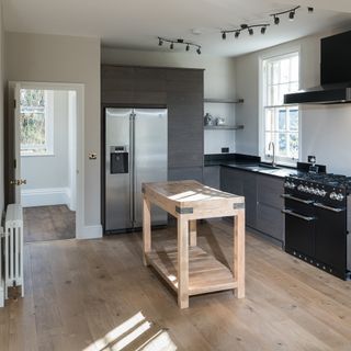kitchen with grey cabinet wooden table and flooring