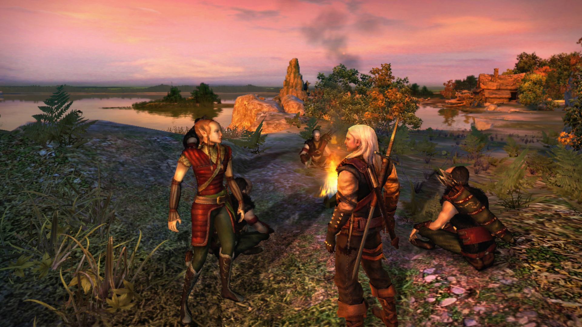 In The Witcher: Enhanced Edition Director's Cut, Geralt of Rivia speaks to an elven archer beside a campfire