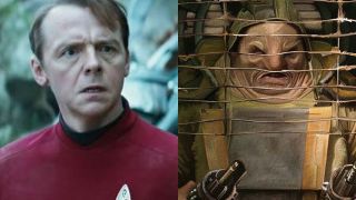 movie shots of Simon Pegg as Scotty in Star Trek and in Star Wars
