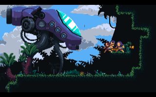 A screenshot from Primal Planet showing three cave people in an encounter with a giant alien vessel