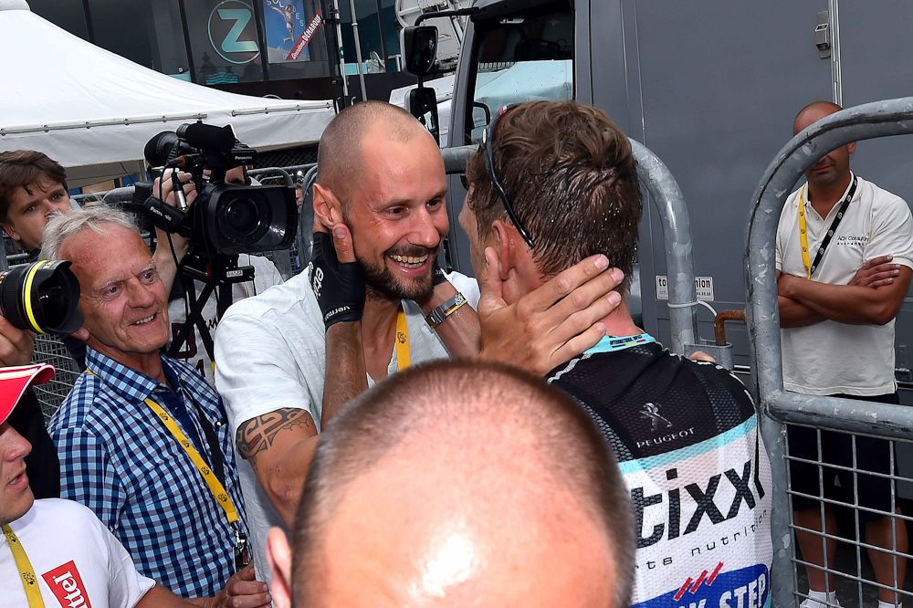 Tom Boonen congratulates Tony Martin following stage 4.