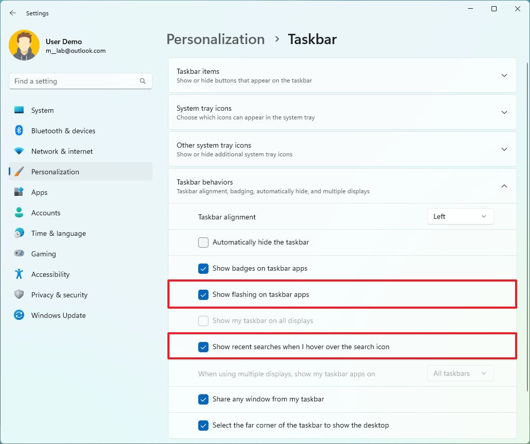 Taskbar behaviors settings