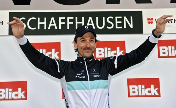Fabian Cancellara on the podium for his victory in the Tour de Suisse's final stage time trial.
