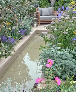 water feature and flowerbed