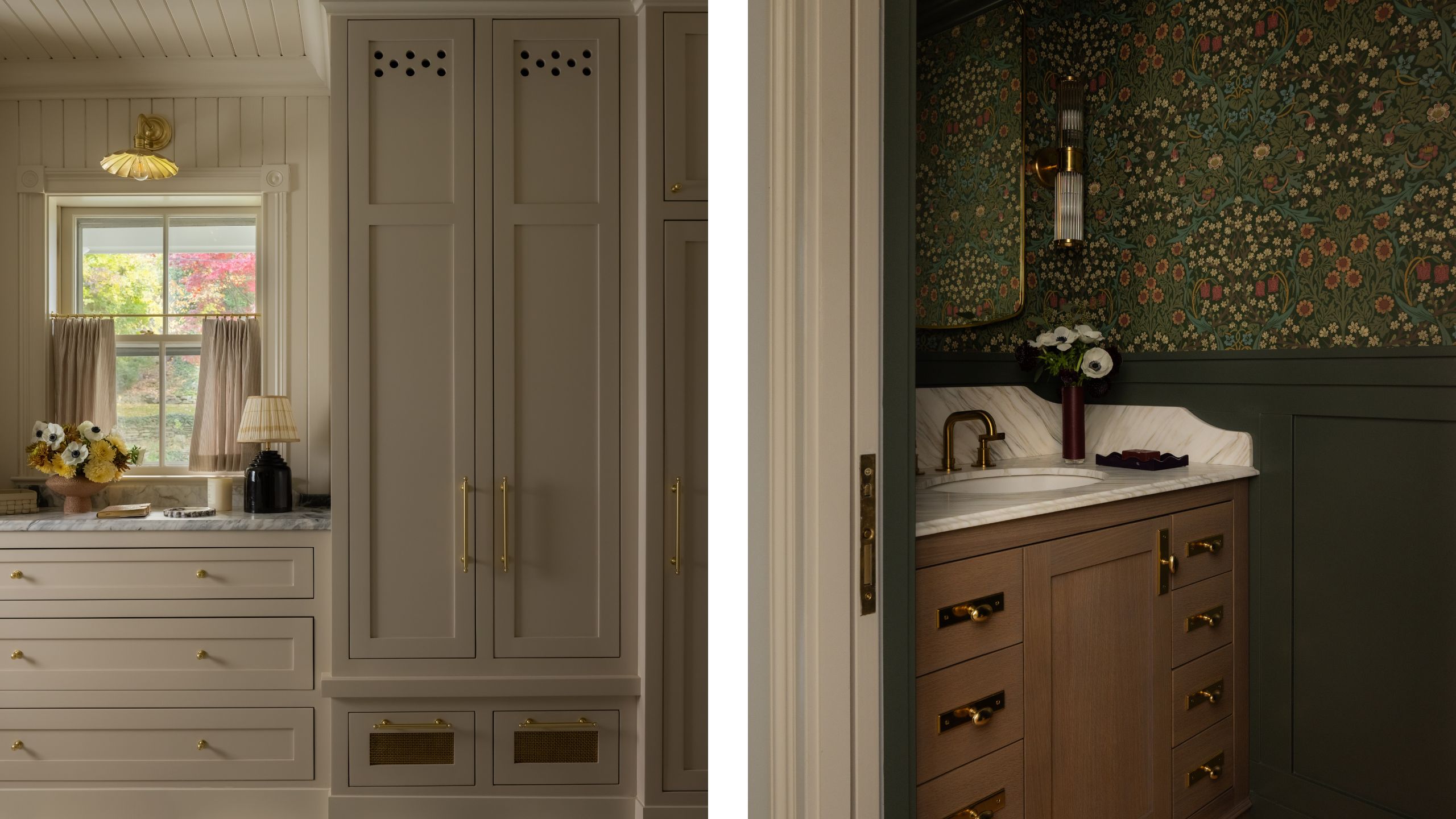 two side by side images - a charming mudroom on the left with neural cabinetry and a small window with cafe curtain next to a dark green paneled and wallpapered powder room with wooden vanity