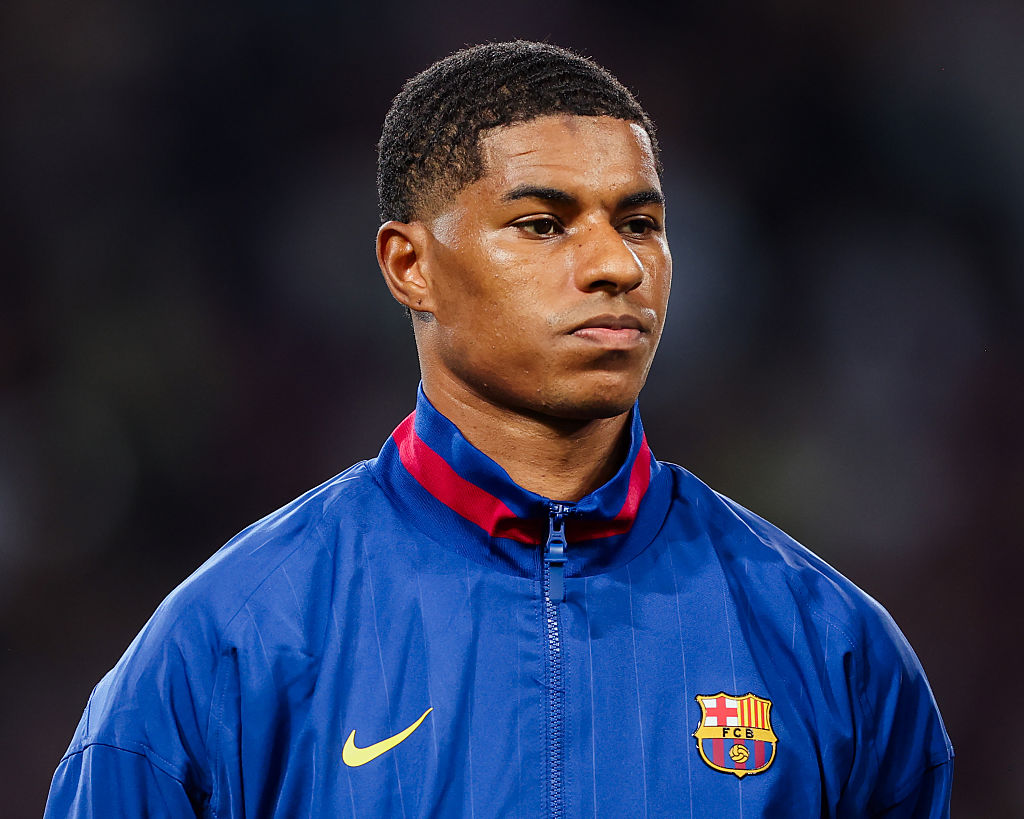 BARCELONA, SPAIN - OCTOBER 01: Marcus Rashford of FC Barcelona looks on prior to the UEFA Champions League 2025/26 League Phase MD2 match between FC Barcelona and Paris Saint-Germain at Estadi Olimpic Lluis Companys on October 01, 2025 in Barcelona, Spain. (Photo by Judit Cartiel/Getty Images)