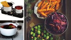 Compilation image showing new Aldi portable hob with suggested foods and mulled wine to cook on it for Christmas
