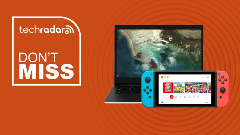 Nintendo Switch and Samsung Galaxy Chromebook Go on orange backtround with don&#039;t miss text overlay