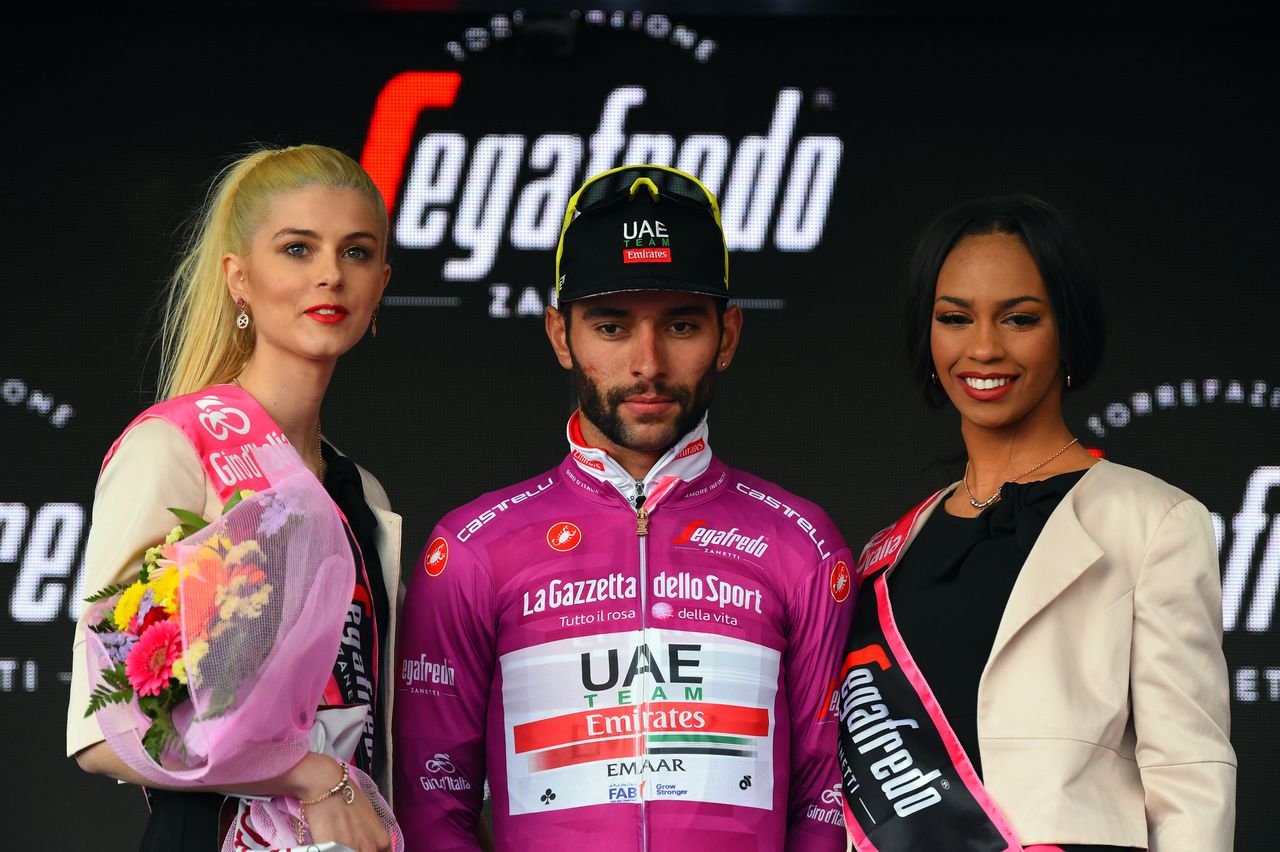 A stern Fernando Gaviria (UAE Team Emirates) on the podium