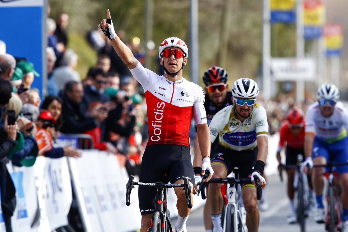 Tour de la Provence 2022 7th Edition 2nd stage Arles Manosque 1806 km 12022022 Bryan Coquard FRA Cofidis Julian Alaphilippe FRA QuickStep Alpha Vinyl Team photo Roberto BettiniSprintCyclingAgency2022