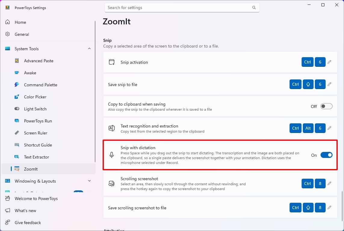 PowerToys ZoomIt page showing the Snip with dictation option.