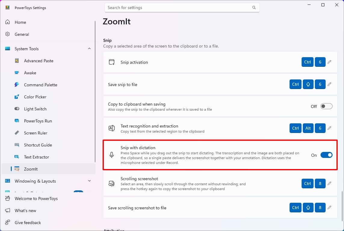 PowerToys ZoomIt page showing the Snip with dictation option.